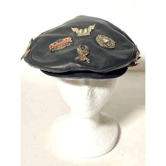 Harley Davidson Leather Cap with Pinback Pins Newsboy 2Large 26 Pins Vintage - Picture 1 of 14